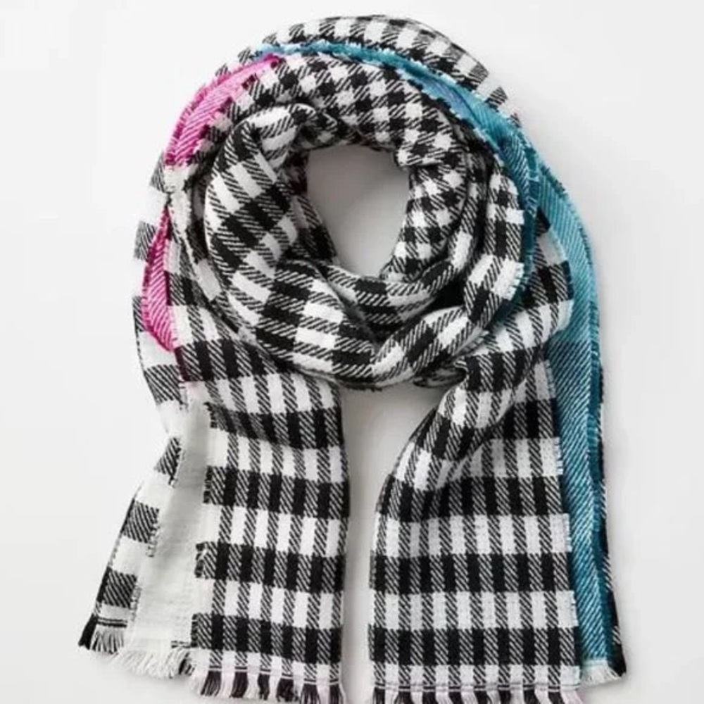 LOFT Reversible Blanket Scarf. Black & White Plaid on 1 side + Teal & Magenta.